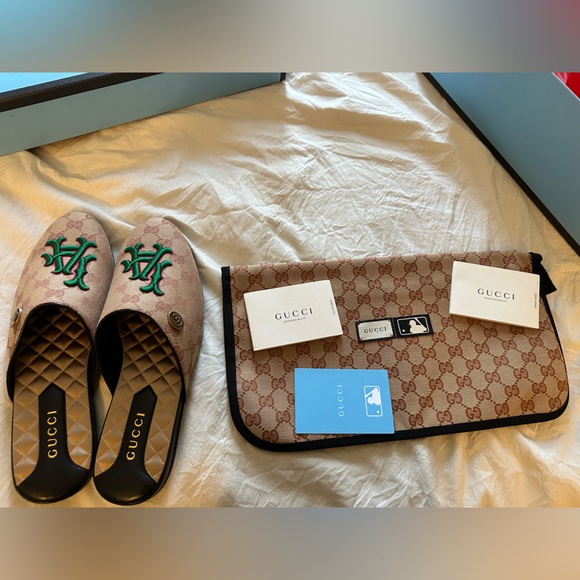 SOLD!!! GUCCI X LA DODGERS Monogram Mules with  LA GUCCI x MLB NEW BOX & COVER - Picture 14 of 16